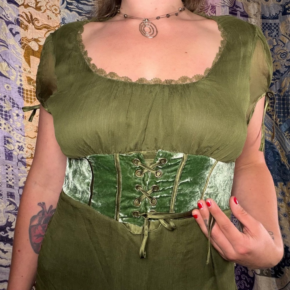Silk Green Velvet Lace Up Corset Renfair Goth Fairy Babydoll Blouse Size XL - Picture 3 of 14